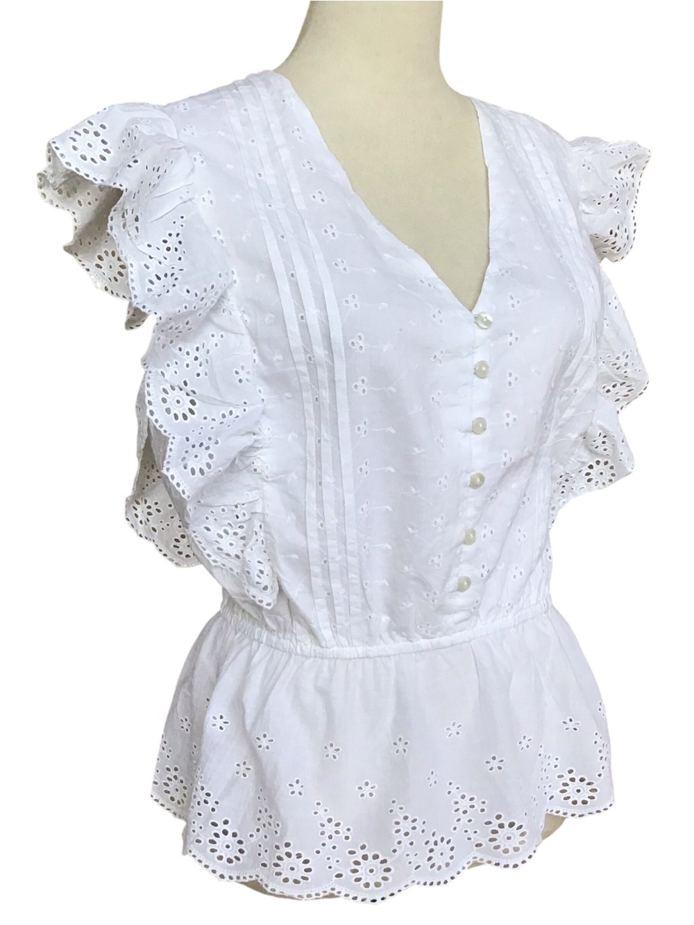 New York & Company White Eyelet Ruffle Trim Blouse NEW - Picture 2 of 7
